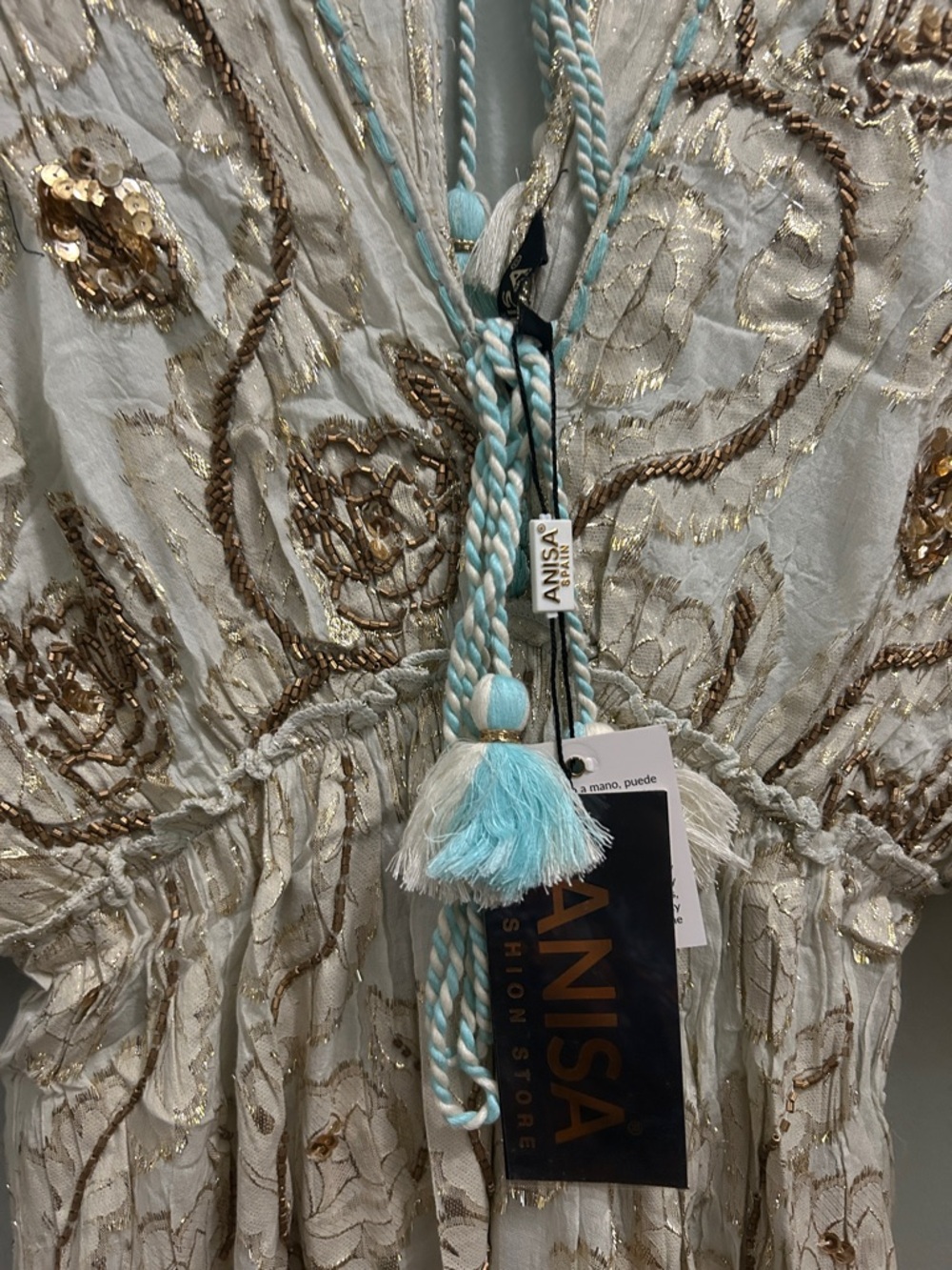 Spell Cream Maxi Dress with Blue Tassel Tie - Picture 4 of 6